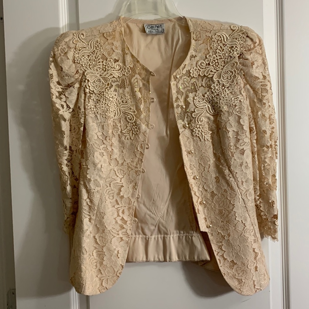 Vintage 80s Size 6 Cachet by Bari Protas Lace Embellished Sequined Jacket